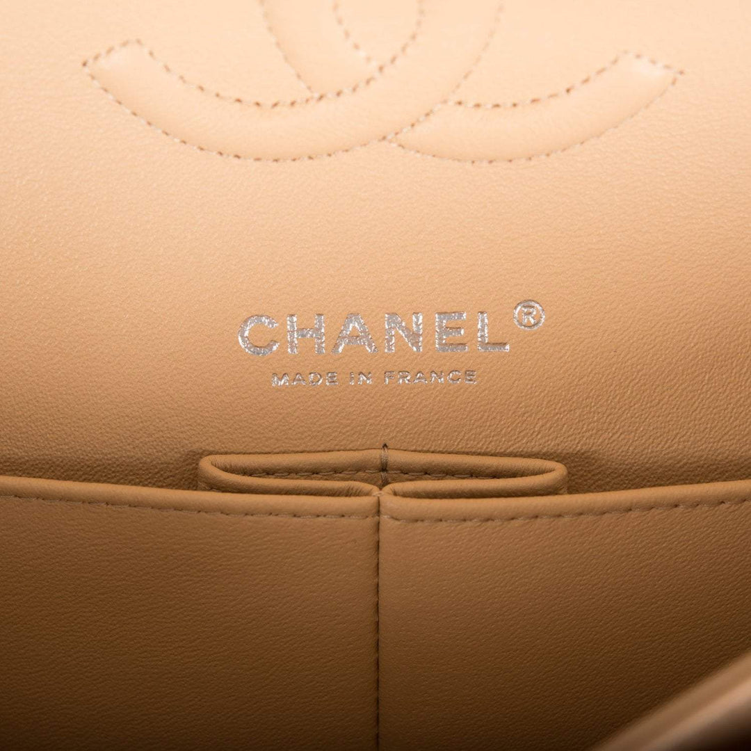 Chanel Beige Quilted Caviar Medium Classic Double Flap Bag Silver Hardware
