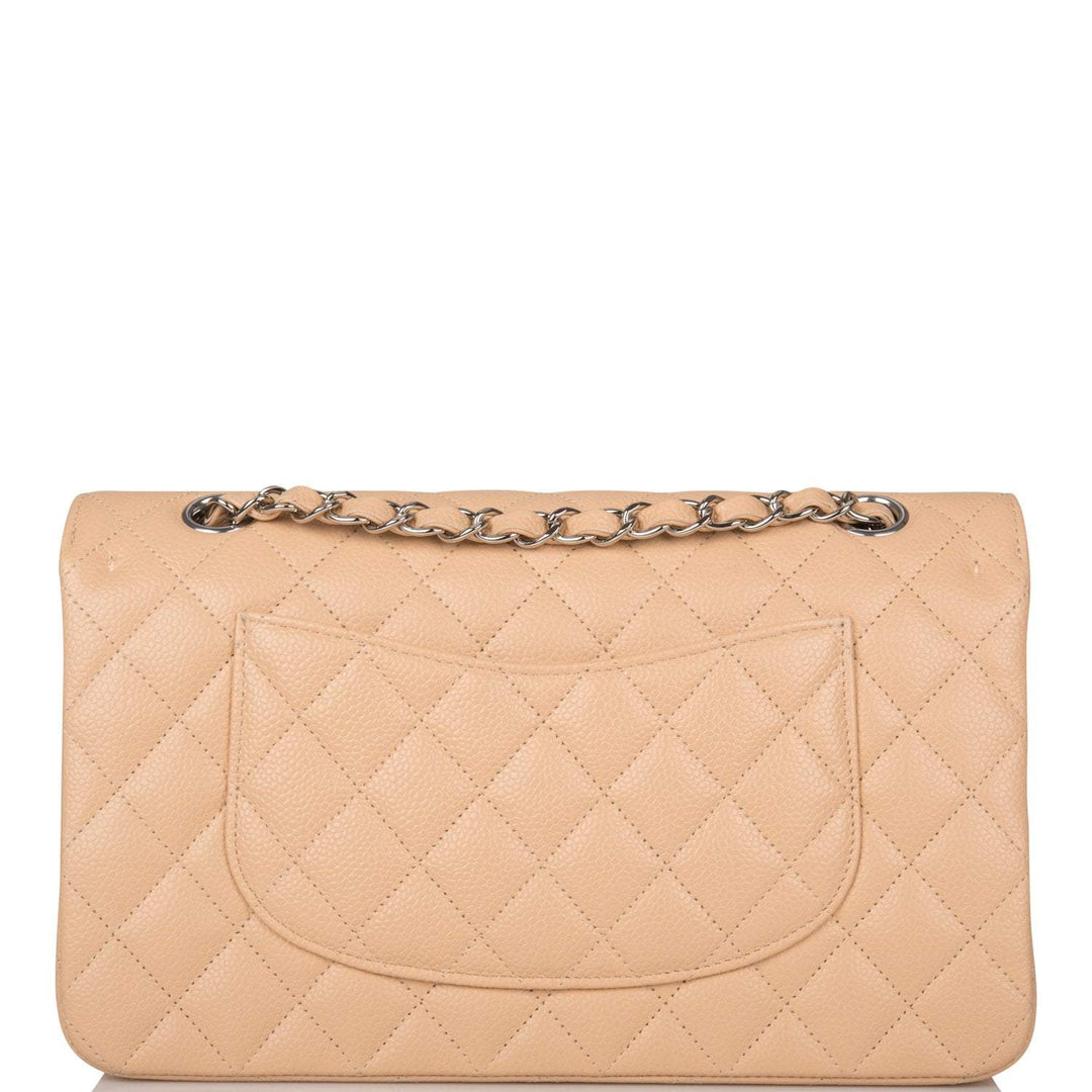 Chanel Beige Quilted Caviar Medium Classic Double Flap Bag Silver Hardware