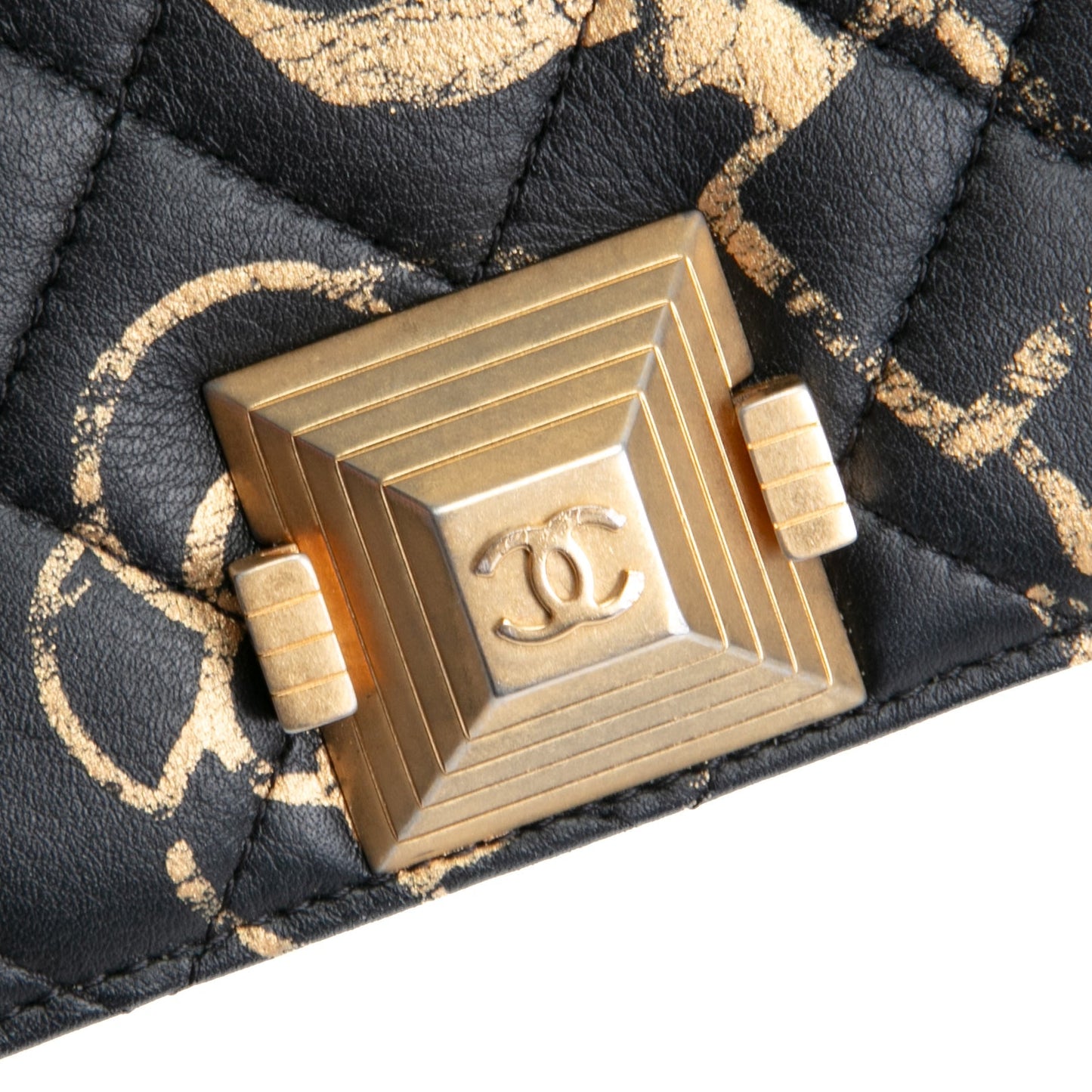 CHANEL Calfskin Quilted Paris-New York Graffiti Pyramid Wallet on Chain- Black
