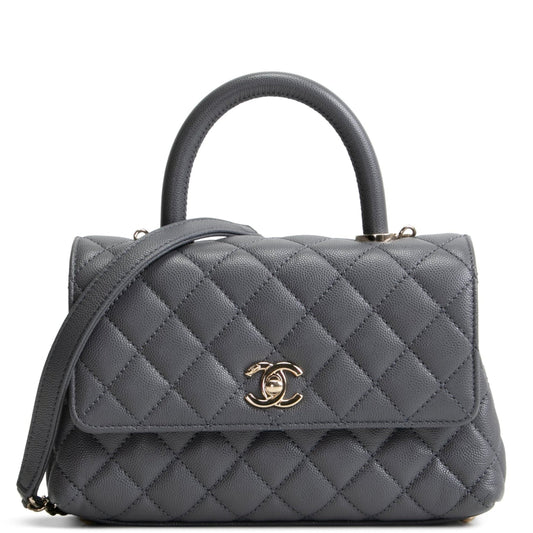 CHANEL Coco Handle Mini Flap Bag Quilted Caviar- Grey